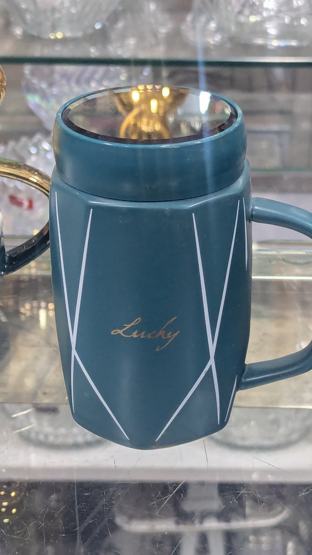 Navy Blue "Lucky" Geometric Ceramic Mug