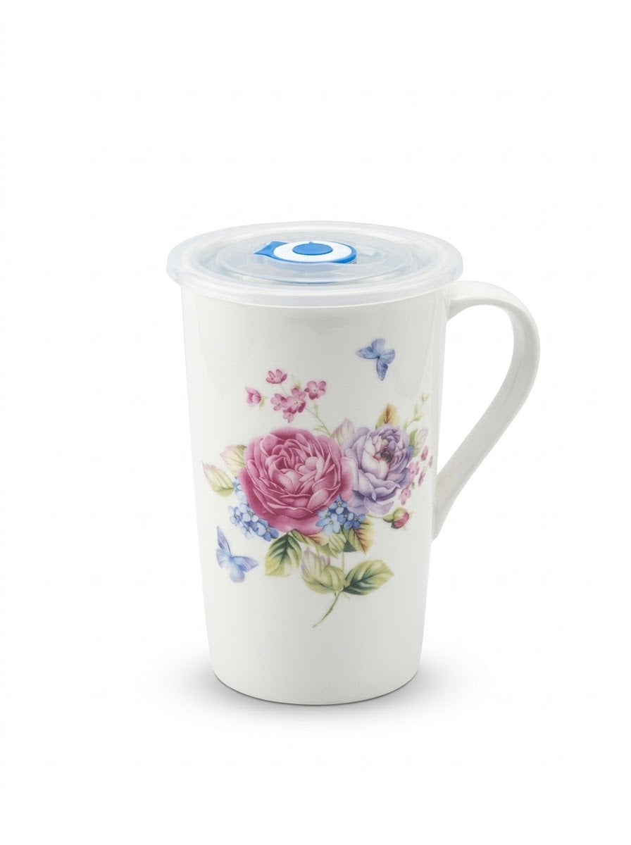 White Floral Print Tall Mug with Blue Lid