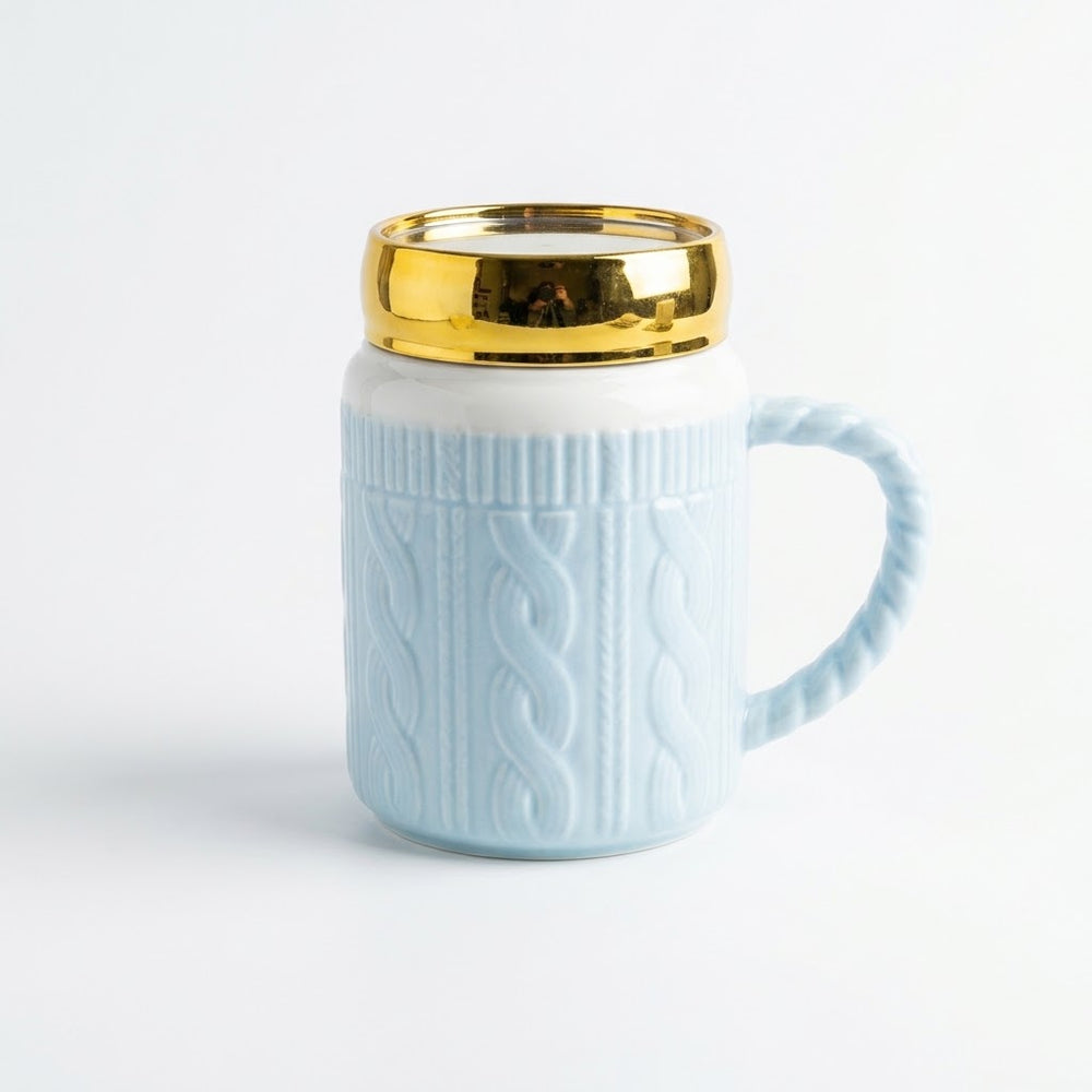 Light Blue Ribbed Ceramic Mug with Gold-Rimmed Lid
