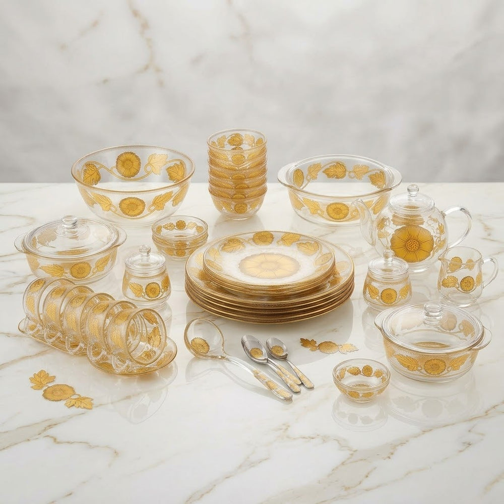72 pieces dinner set Gemware Elegant Golden Floral Glass Dinner Set - Premium Luxury Dining Crockery Collection