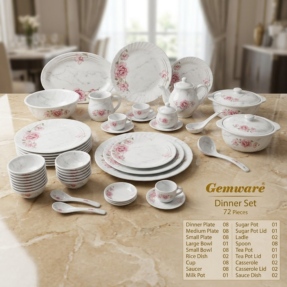 72 Pcs Marble Dinner Set - Soft Pink Rose Bunch