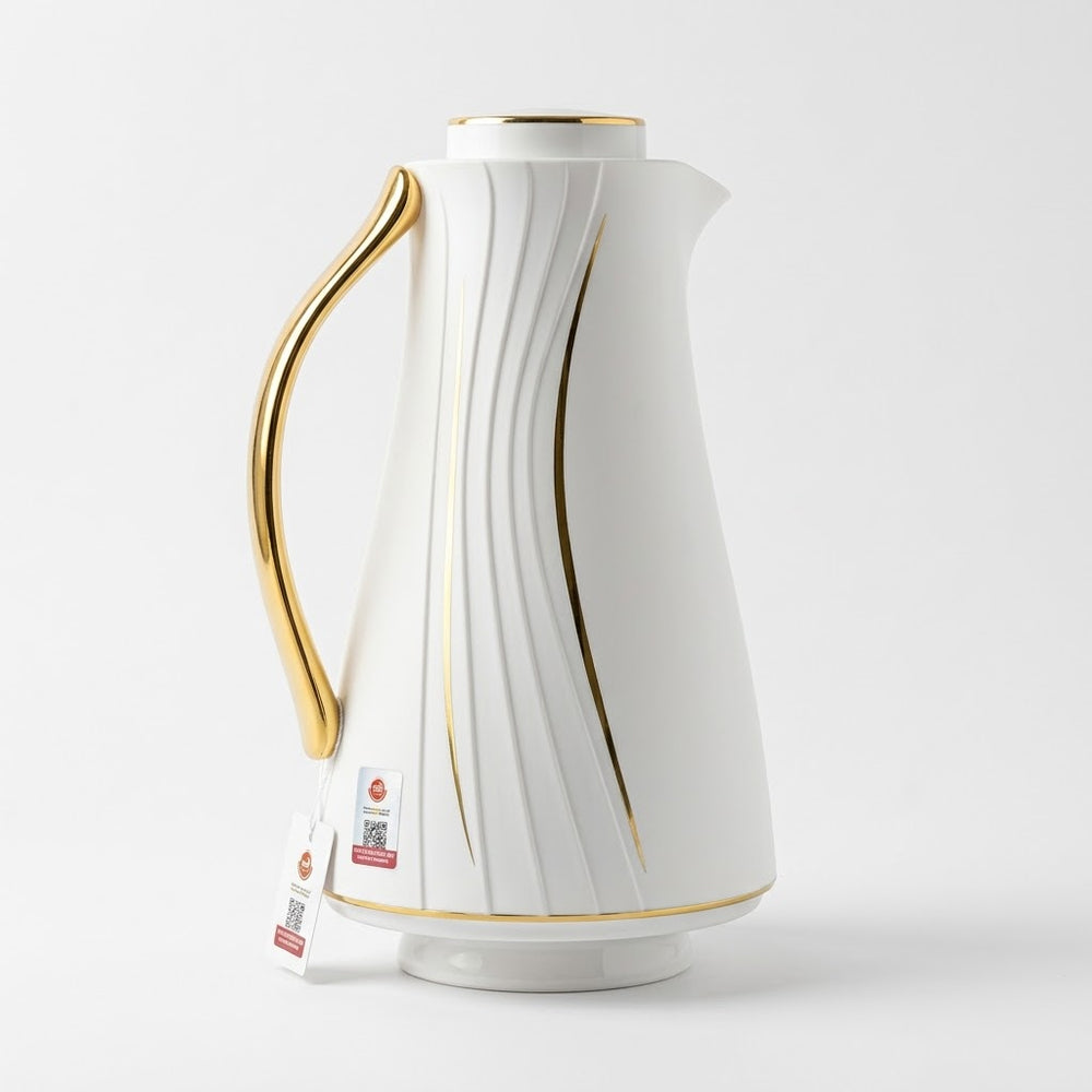 Regal White Curved Vacuum Flask / Thermal Tea Pot with Gold Accents