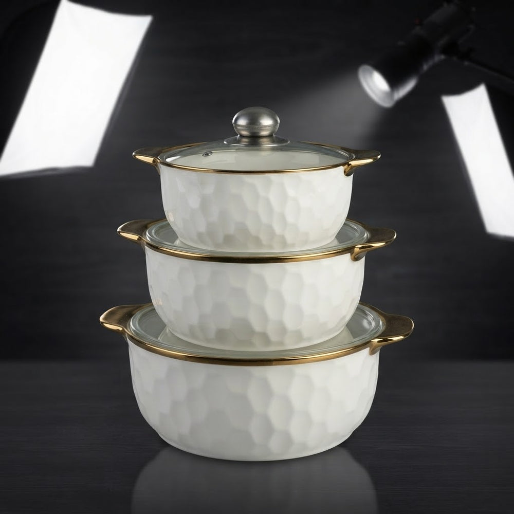 White Honeycomb Ceramic Casserole & Hot Pot Serving Set with Gold Handles (Set of 3)