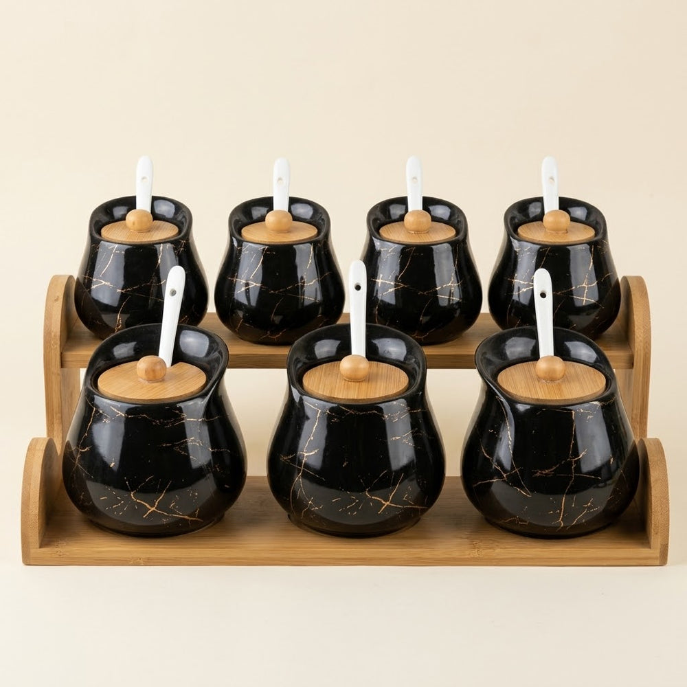 Black Marble Ceramic Spice Jar Container Set with Wooden Lids & Tray (7-Piece)
