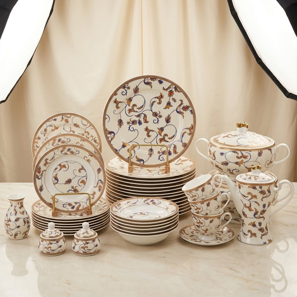 Royal Floral Scroll Dinner Set β Ivory with Gold Trim