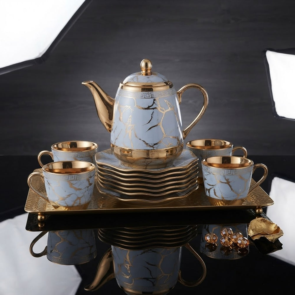 Luxury Sky Blue Marble Ceramic Tea Set with Gold Accents, Cups, Saucers & Rack