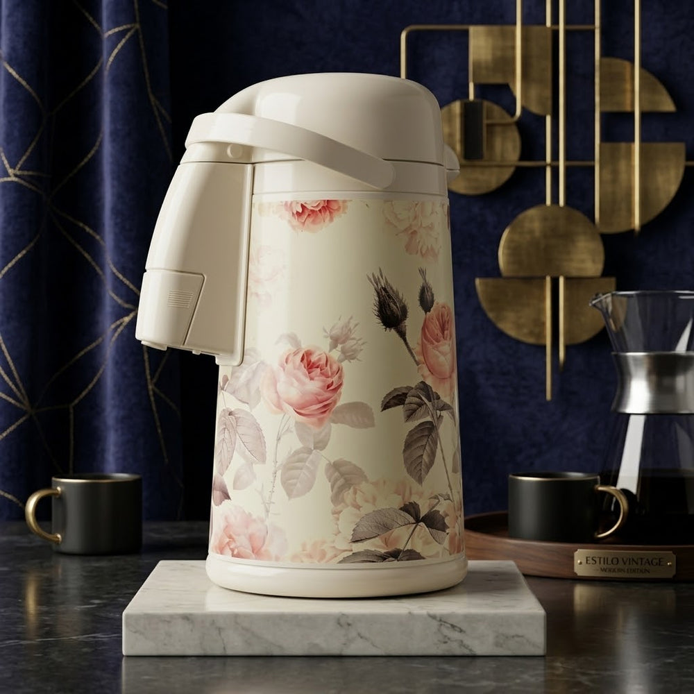 Cream Floral Airpot Vacuum Flask / Thermal Beverage Dispenser with Pink Rose Print
