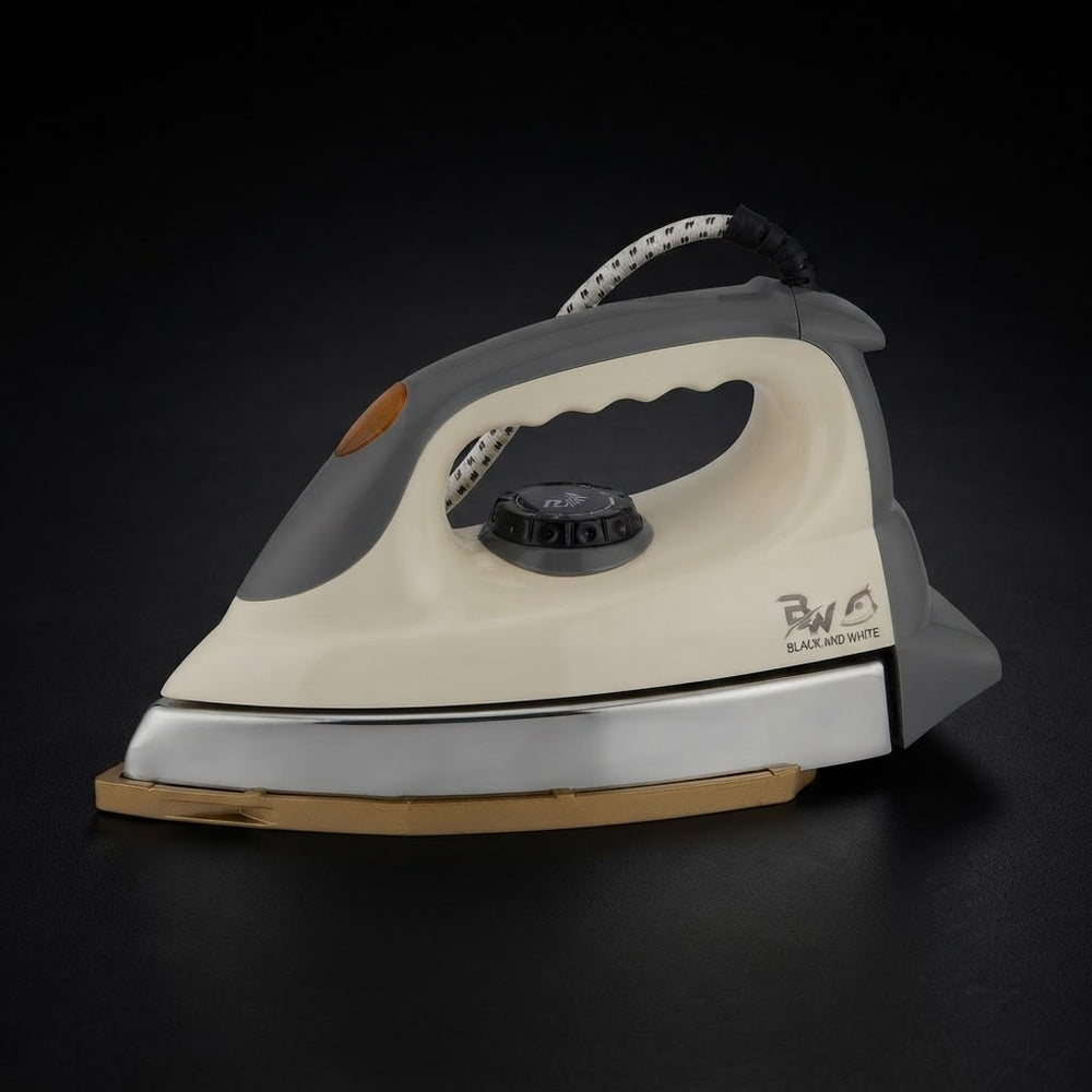 Black and White Heavy Weight Electric Dry Iron with Gold-Tone Soleplate and Temperature Control
