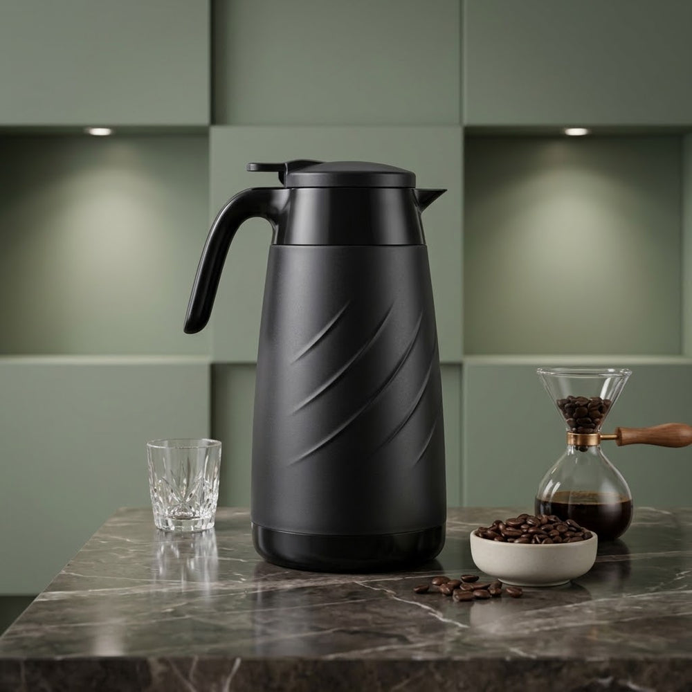 Lavidar Matte Black Diagonal Grooved Vacuum Flask / Thermal Tea Pot