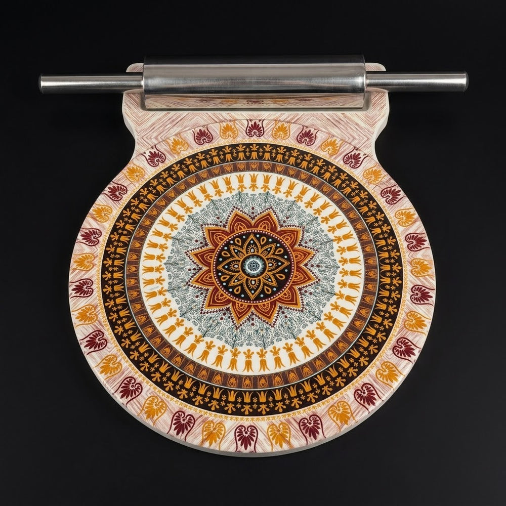 Printed Ceramic Roti Rolling Board (Chakla) with Stainless Steel Rolling Pin (Belan)