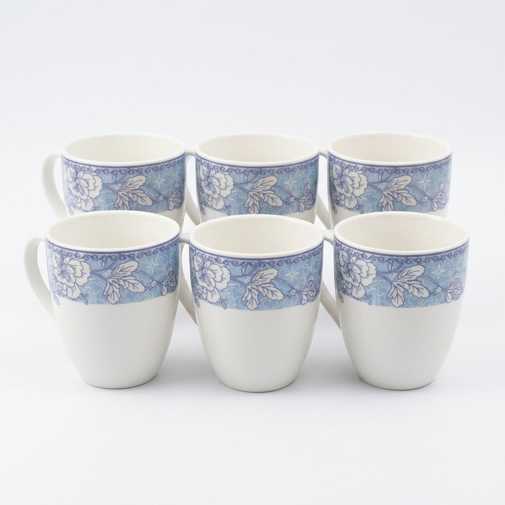 White Ceramic Mug with Blue Floral Border Print (6 Pieces Set)