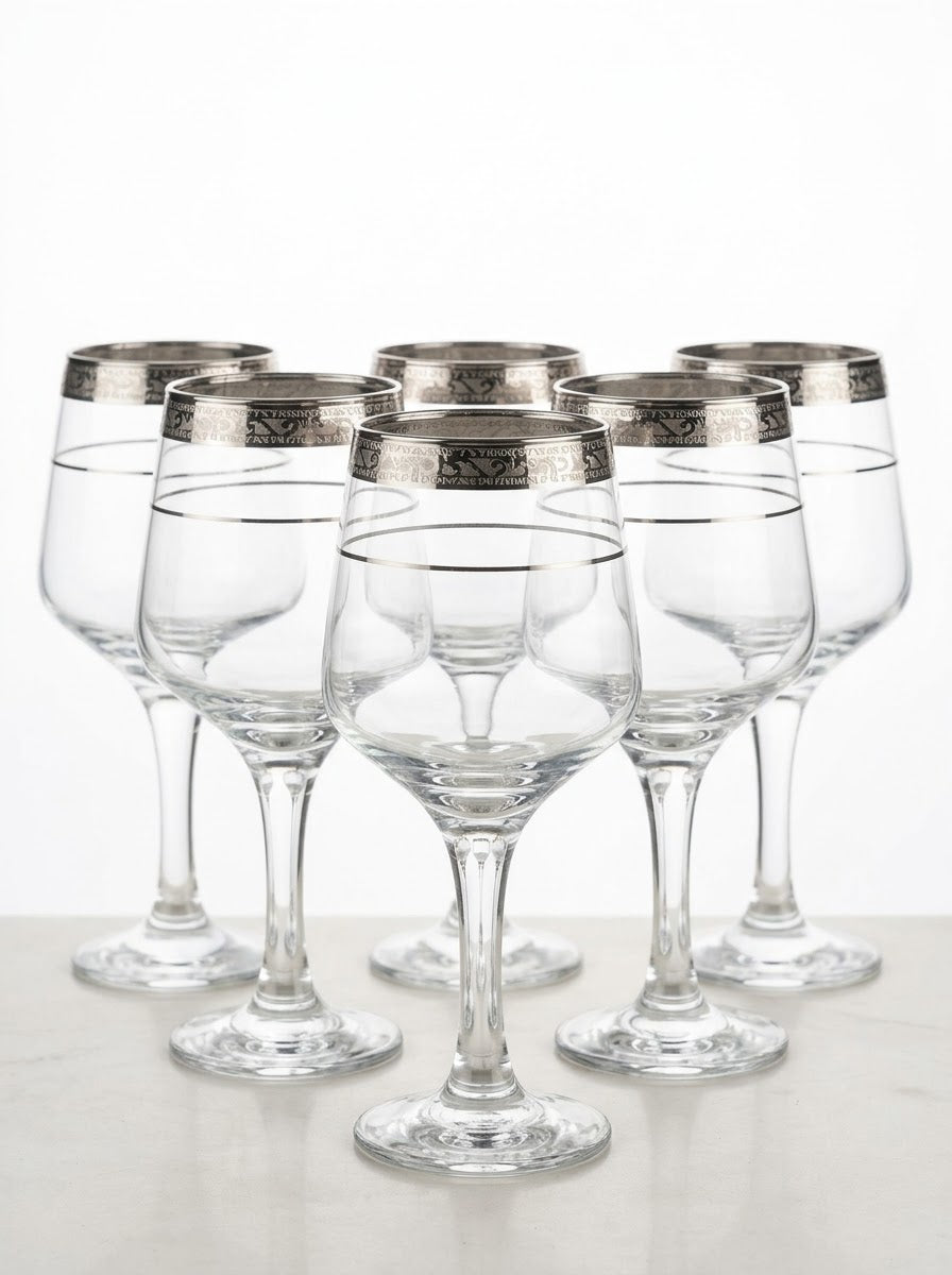 Clear Glass Goblet with Silver Rim & Band Design (6 Pieces Set)