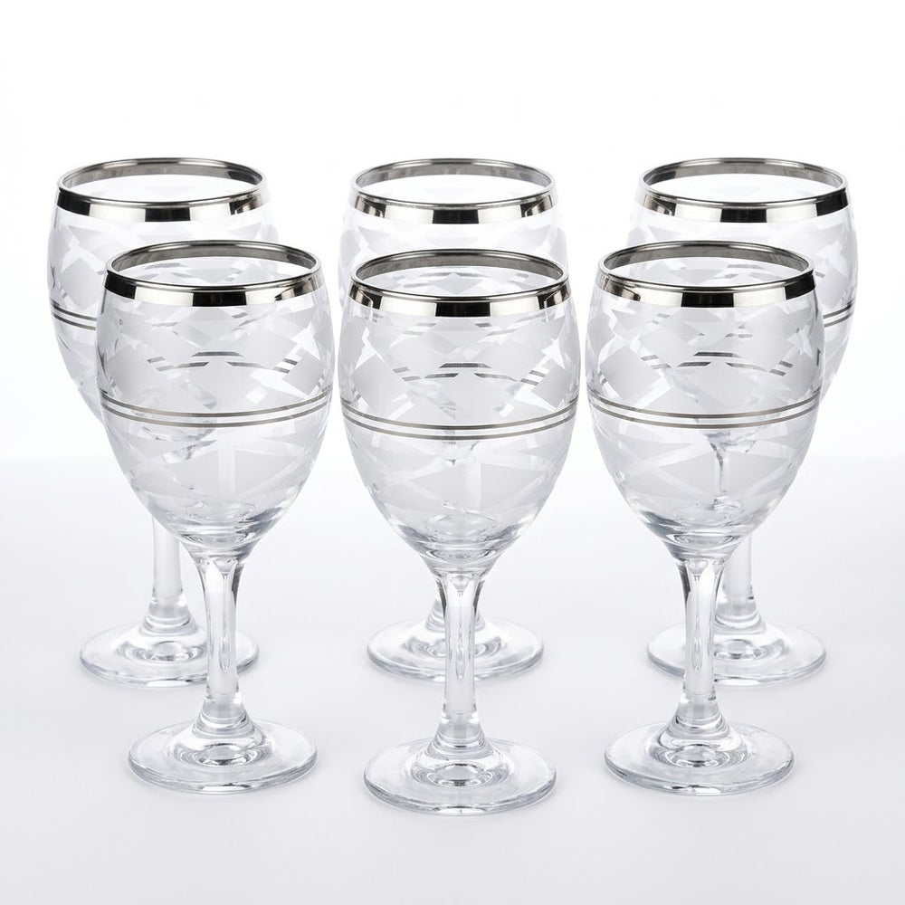 Frosted Pattern Glass Goblet with Silver Rim (6 Pieces Set)