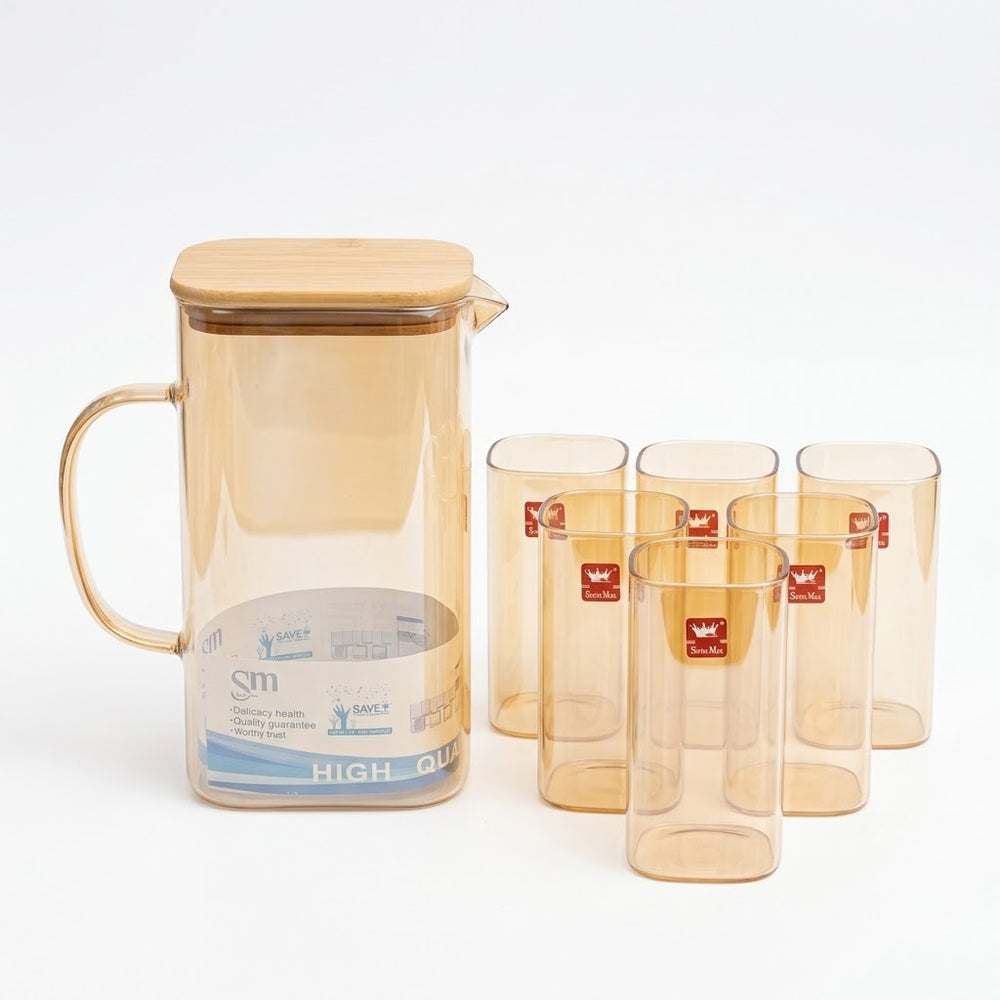 Amber Square Water Jug and Glass Set with Wooden Lid