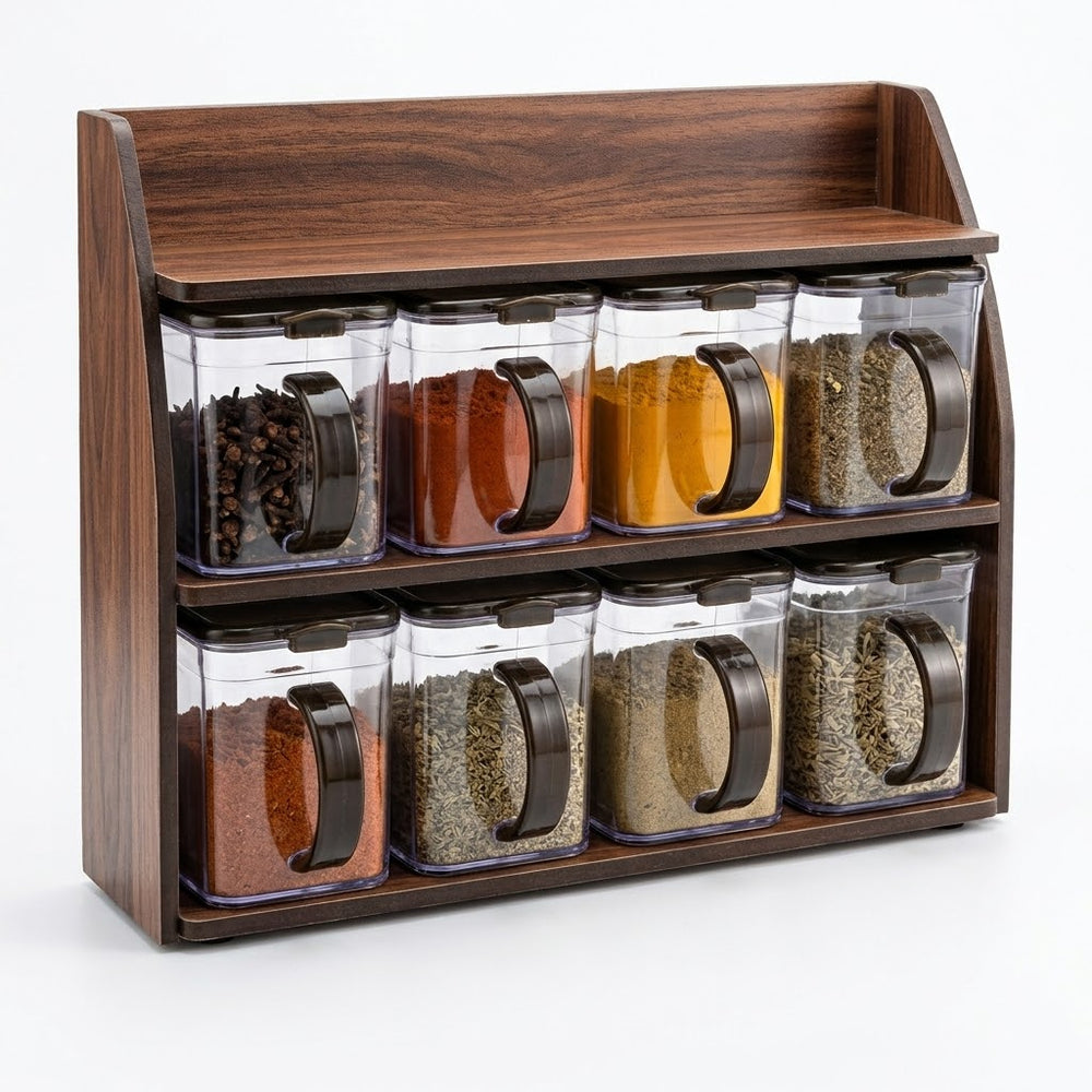Transparent Spice Container Rack Set with Wooden Finish Frame