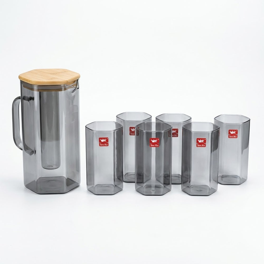 Shine Max Hexagonal Glassware Pitcher and Tumbler Set with Wooden Lid (Jug with 6 glass)
