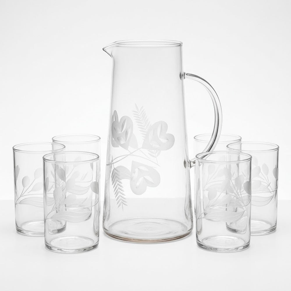 Elegant Frosted Heart and Leaf Pattern Clear Glass Pitcher Set (Jug with 6 glass)