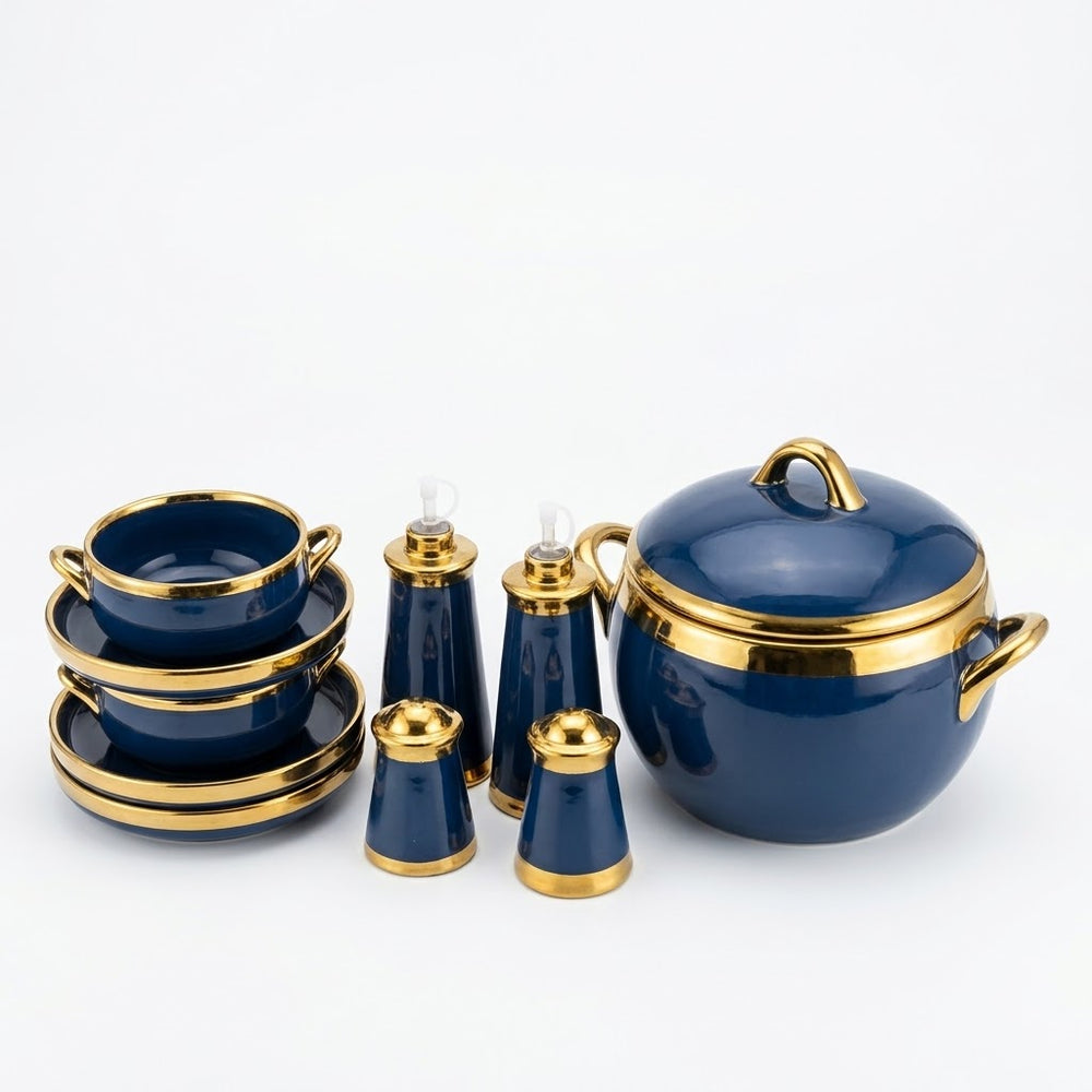 Royal Blue & Gold Porcelain Soup Container Set