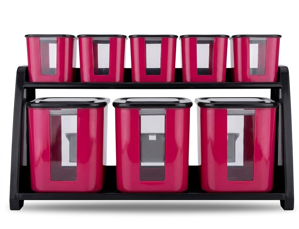 Red & Black Plastic Kitchen Container Jar Rack Set