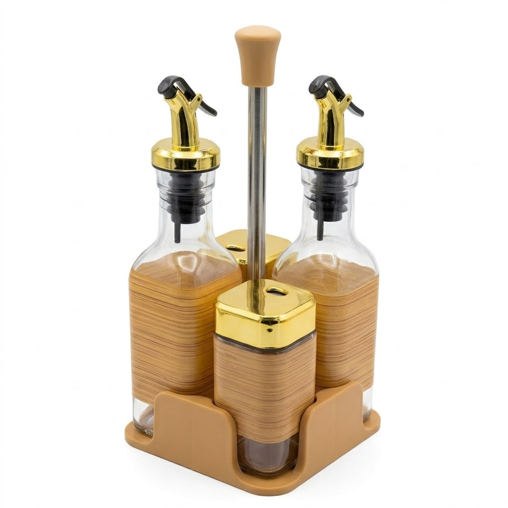 Glass Oil Dispenser & Salt Pepper Shaker Set with Wooden Finish