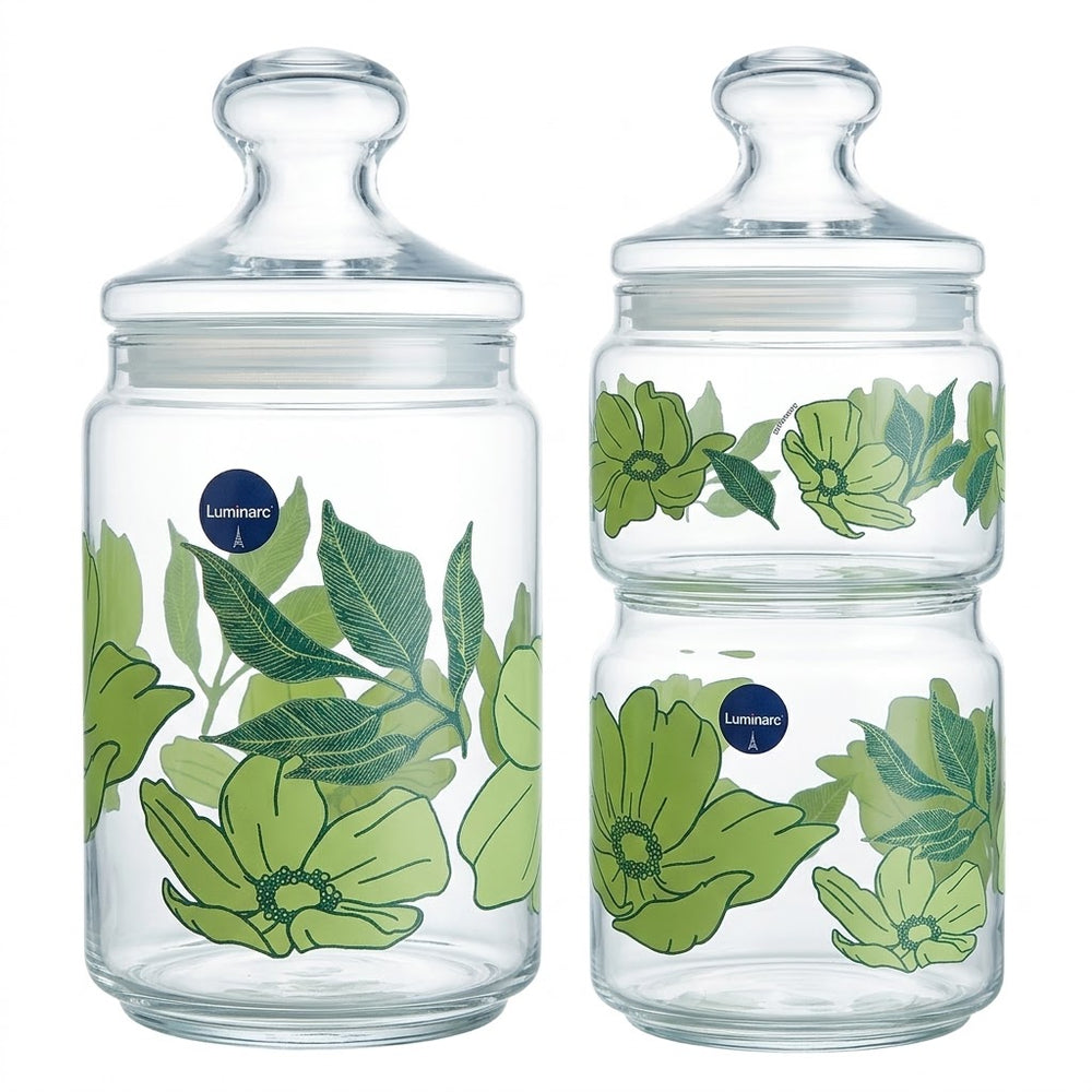 Luminarc Green Floral Glass Storage Jars Set with Lids