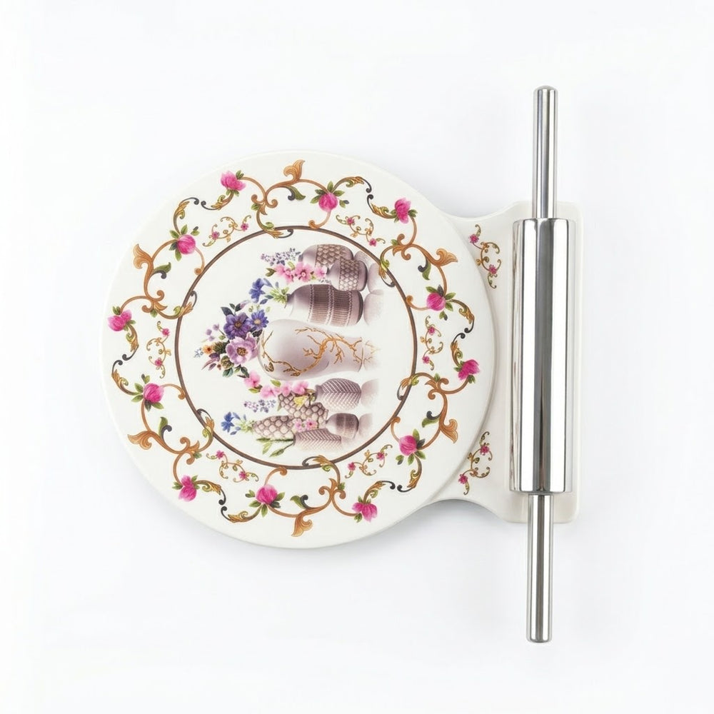 Vintage Flower Vase Printed Ceramic Roti Rolling Board (Chakla) with Stainless Steel Rolling Pin (Belan)