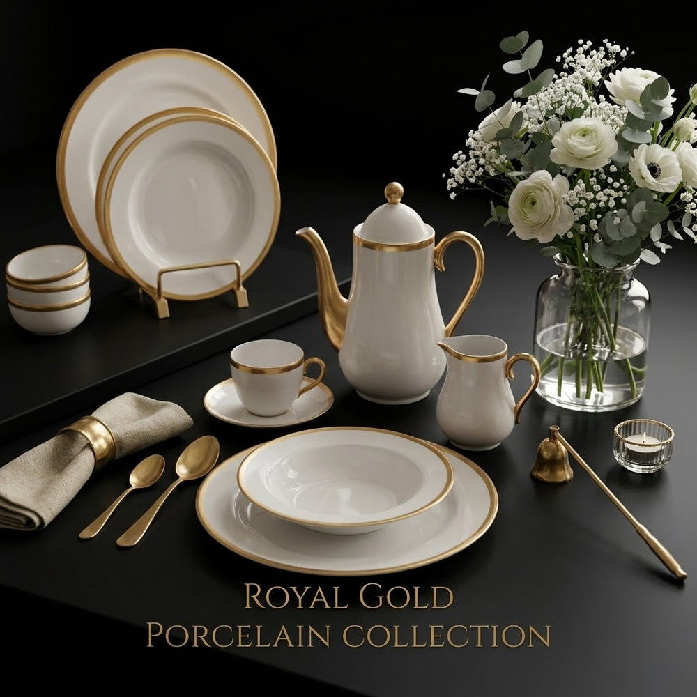 Luxury Pure White & Gold Rim Bone China Crockery Dinner Set
