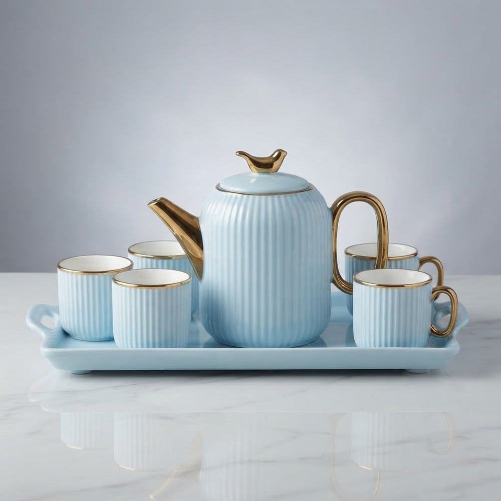 Luxury Light Blue Ribbed Ceramic Tea Set with Bird Lid Finial & Tray