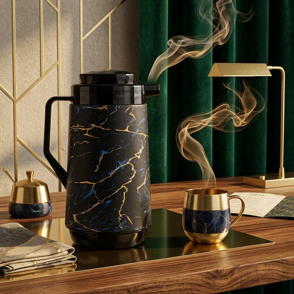 Black & Blue Marble Pattern Vacuum Flask / Thermal Tea Pot with Gold Veins