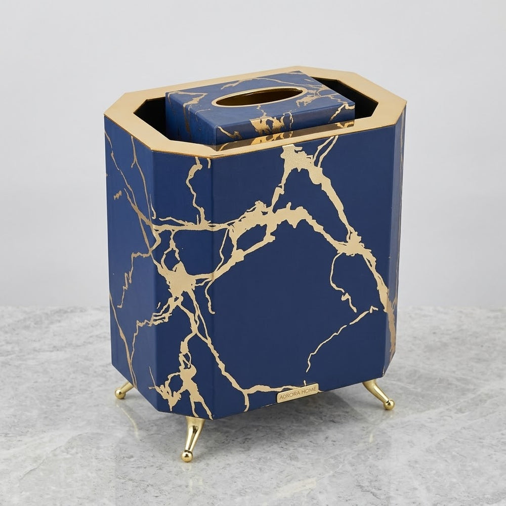Luxury Navy Blue & Gold Marble Pattern Trash Bin with Tissue Box Holder