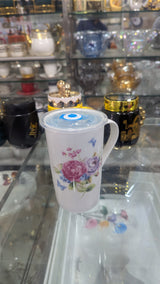 White Floral Print Tall Mug with Blue Lid