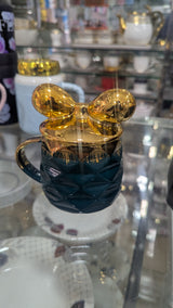 Dark Teal Textured Ceramic Mug with Gold Bow Lid
