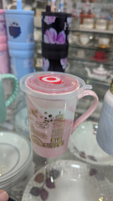 Pink Marble-Effect "Tower of Pisa" Graphic Mug with Plastic Lid