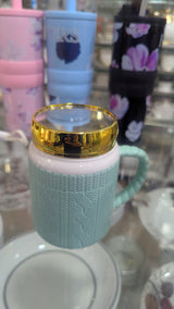 Mint Green Knit-Pattern Ceramic Mug with Gold Mirror Lid