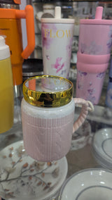Soft Pink Knit-Pattern Ceramic Mug with Gold Mirror Lid