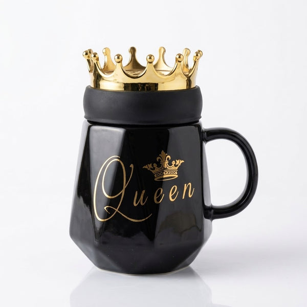 Black "Queen" Ceramic Mug with Gold Crown Lid
