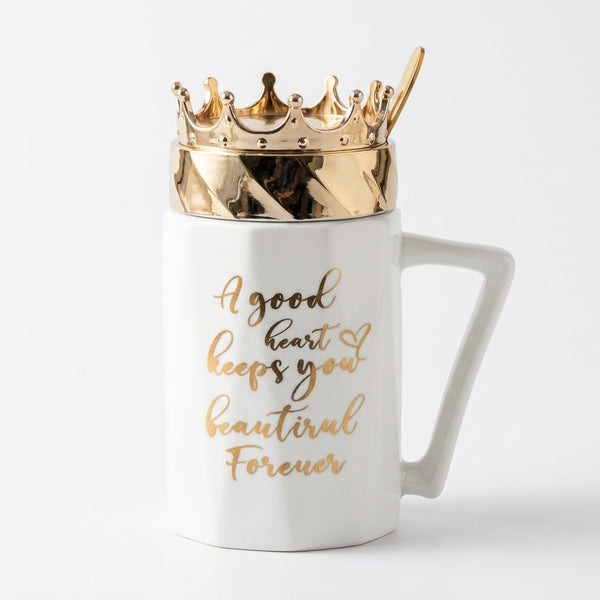 White Crown Lid Ceramic Mug - "A good heart keeps you beautiful Forever"