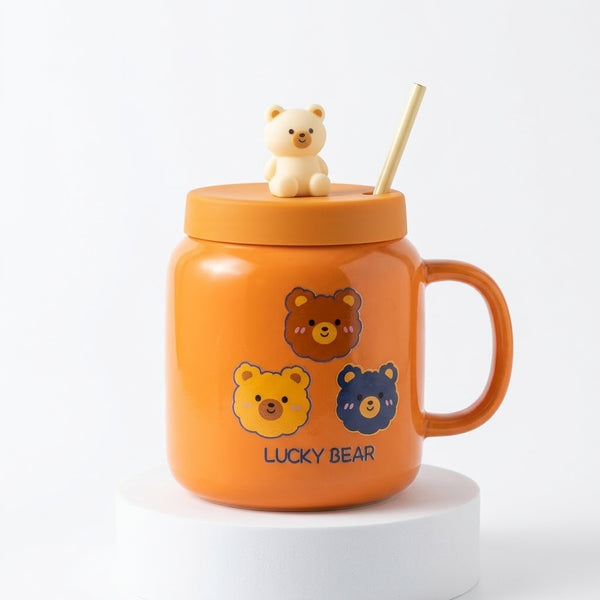 Orange "Lucky Bear" Ceramic Mug with Bear Lid Figurine