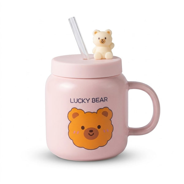 Pink "Lucky Bear" Ceramic Mug with Straw & Bear Lid Figurine