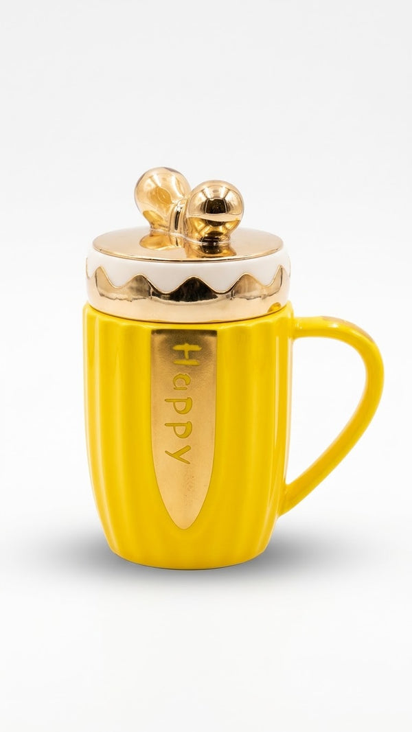 Yellow "Happy" Ribbed Ceramic Mug with Gold Lid