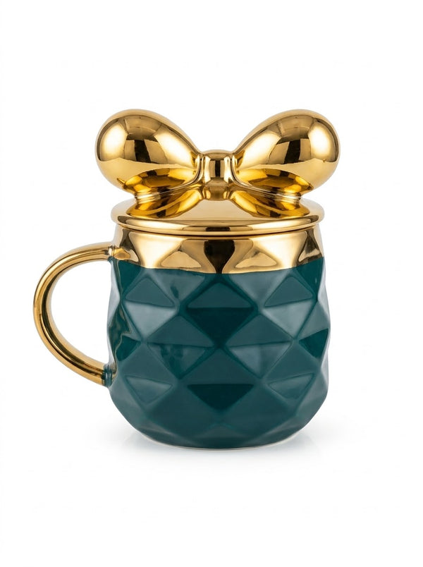 Dark Teal Textured Ceramic Mug with Gold Bow Lid