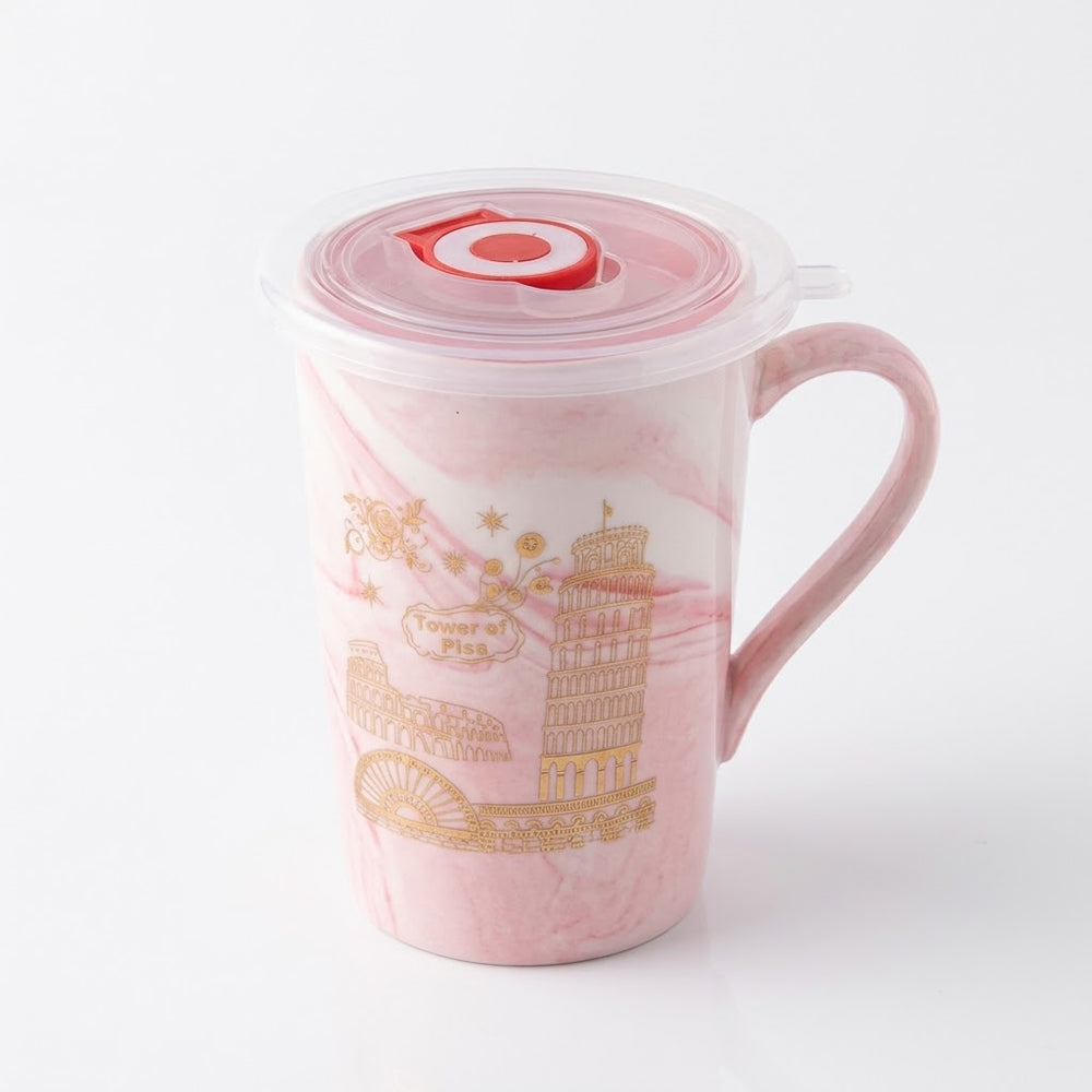 Pink Marble-Effect "Tower of Pisa" Graphic Mug with Plastic Lid
