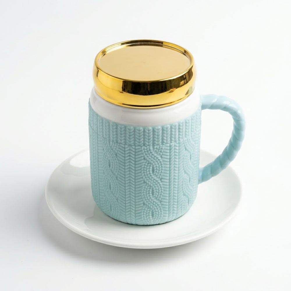 Mint Green Knit-Pattern Ceramic Mug with Gold Mirror Lid