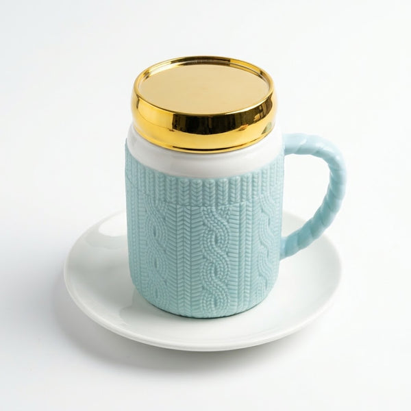 Mint Green Knit-Pattern Ceramic Mug with Gold Mirror Lid