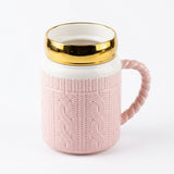 Soft Pink Knit-Pattern Ceramic Mug with Gold Mirror Lid