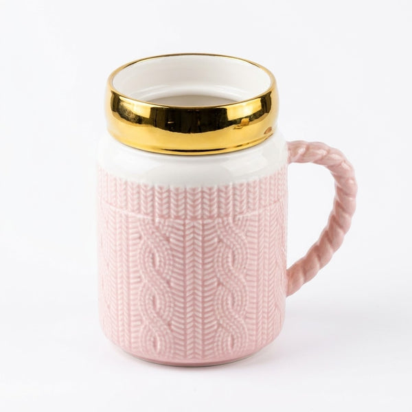 Soft Pink Knit-Pattern Ceramic Mug with Gold Mirror Lid