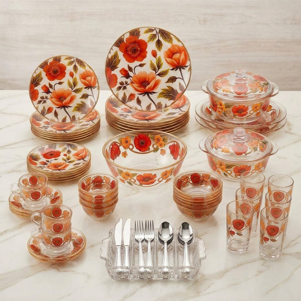 72 pieces dinner set  gemware Vibrant Orange Poppy Floral Glass Dinner Set - Stylish Kitchen & Tableware Collection