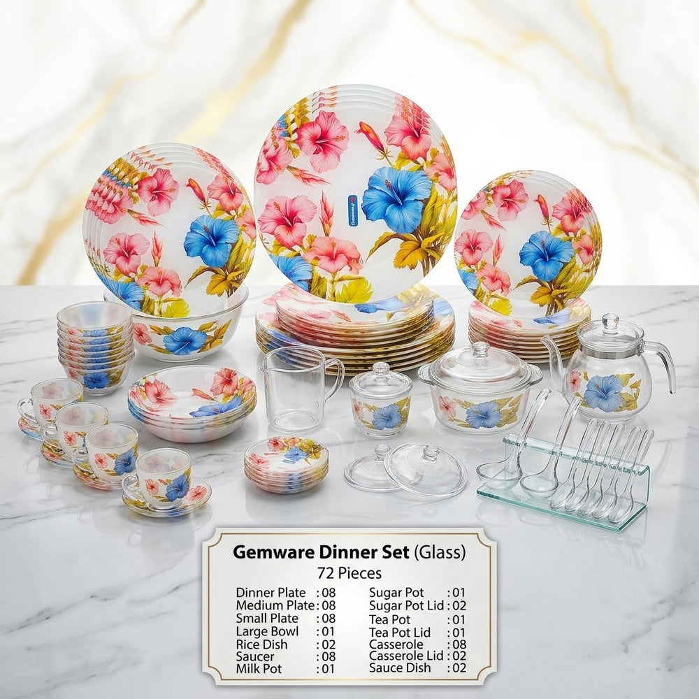 Gemware Colorful Tropical Hibiscus Glass Dinner Set - Designer Dining Table Collection
