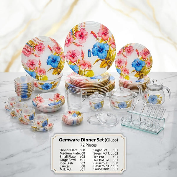 Gemware Colorful Tropical Hibiscus Glass Dinner Set - Designer Dining Table Collection
