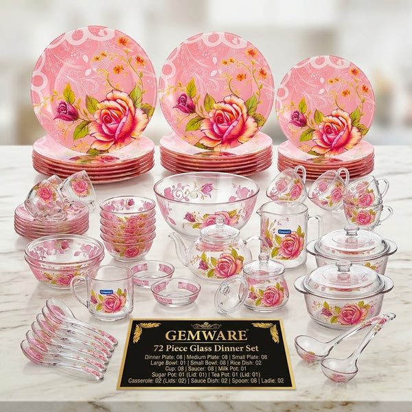 Gemware Elegant Pink Rose & Abstract Pattern Glass Dinner Set - Luxury Kitchen Crockery